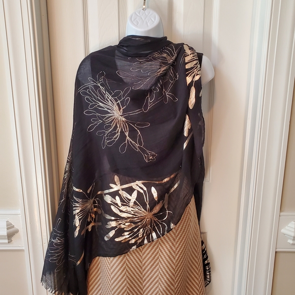 Scarf With Black and Gold Metallic Floral Design - Picture 1 of 5
